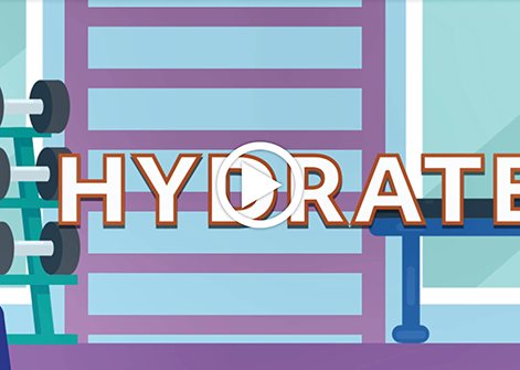 A cartoon gym with blue walls is covered by the word 'hydrate' in block letters with a white play button on top
