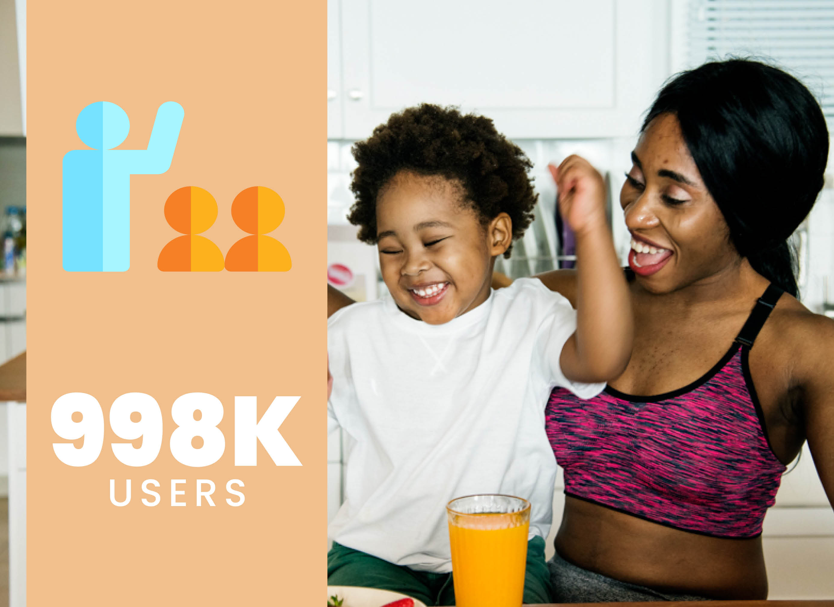 A mom smiles while her son flexes his muscles, an orange banner with 998k users on it is next to them
