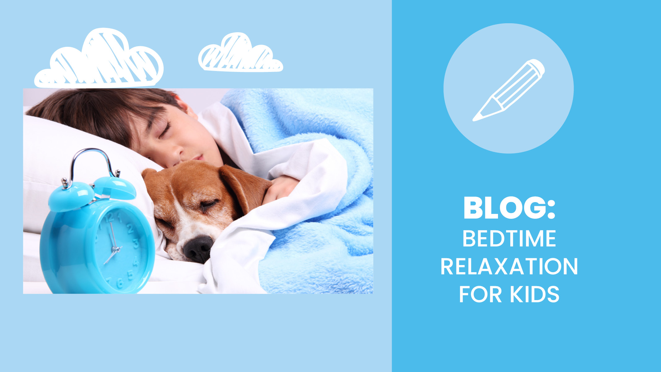 Young child, boy, lays in bed with dog to relax at bedtime