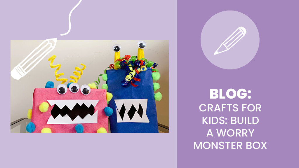 A pink worry monster craft box next to a blue worry monster craft box.