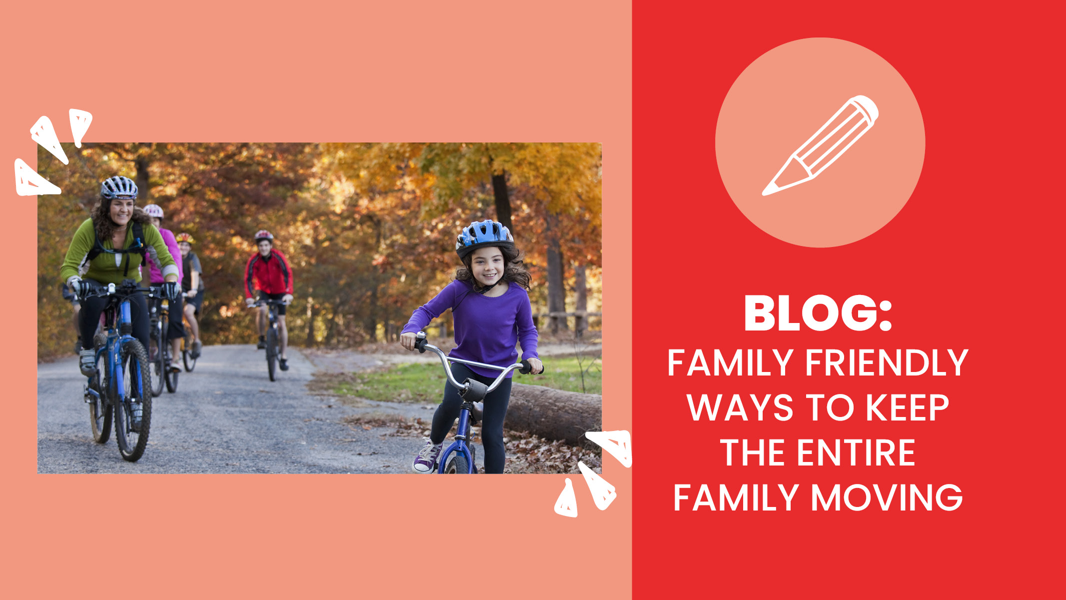 Parents and children ride their bikes on a fall day to exercise together