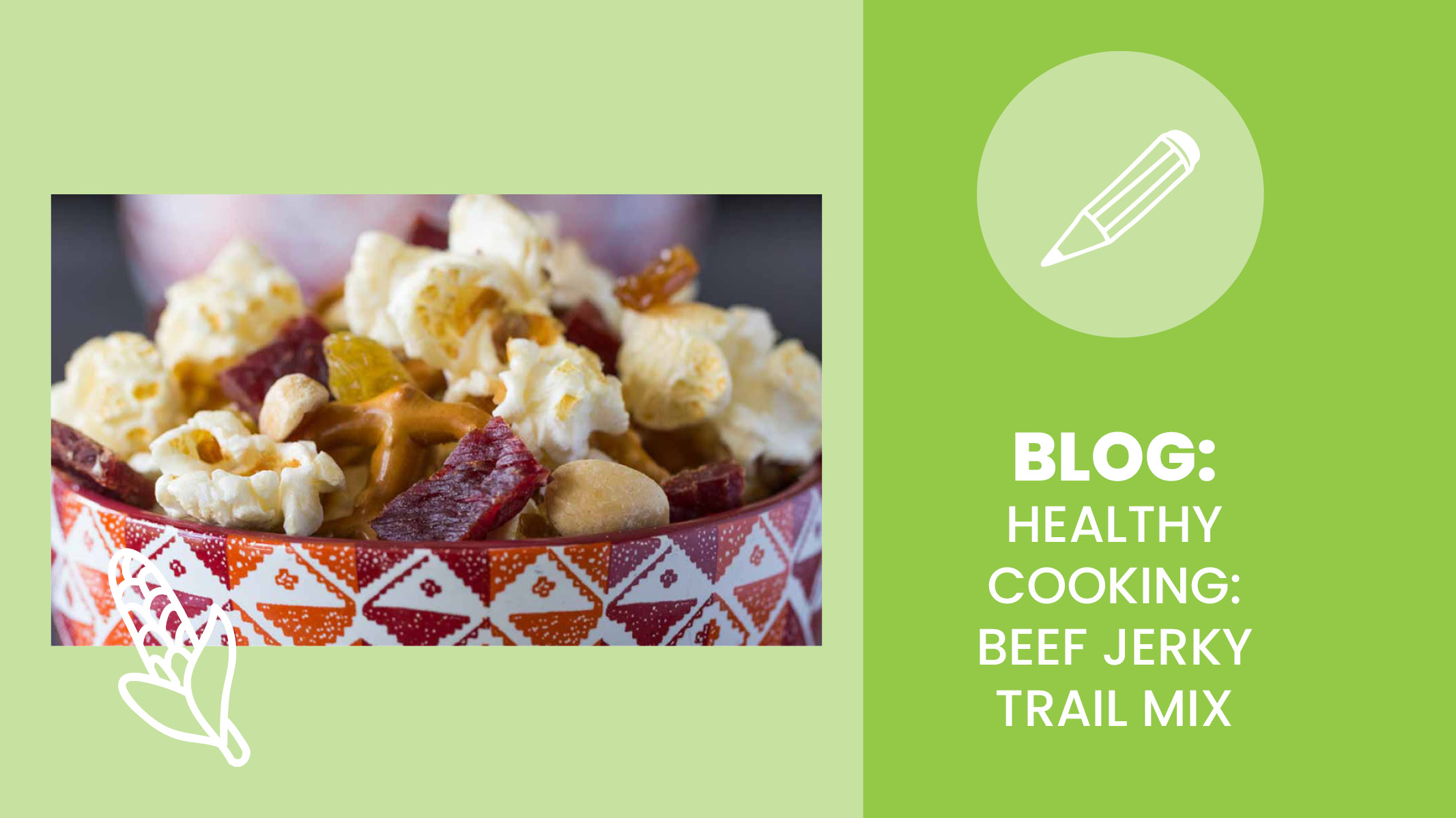Healthy snack made with popcorn, beef jerky, pretzels, and more