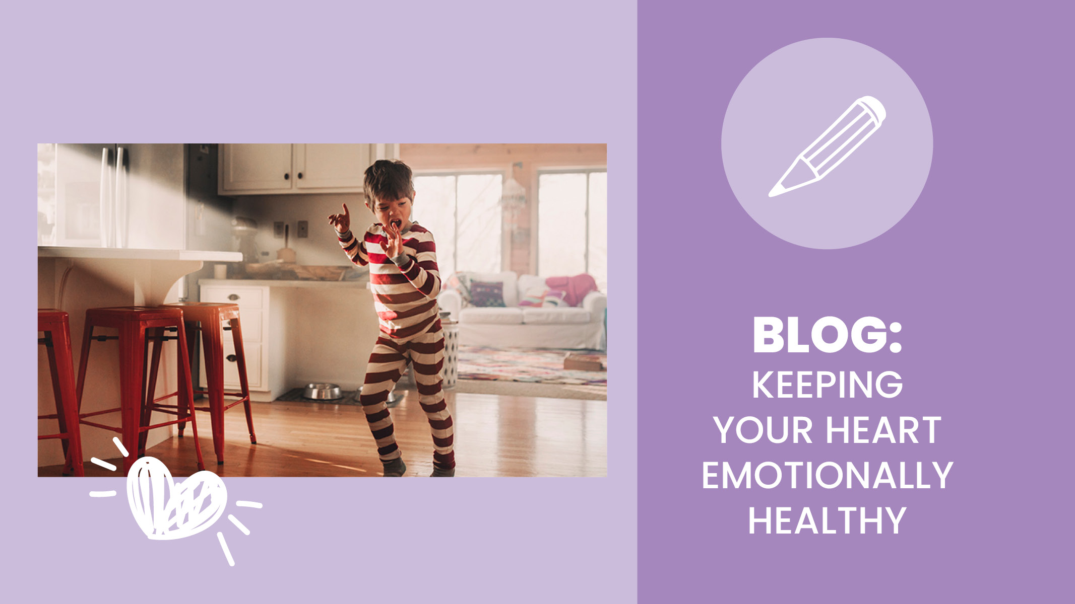 Young child, boy, dances in his kitchen while keeping his heart healthy