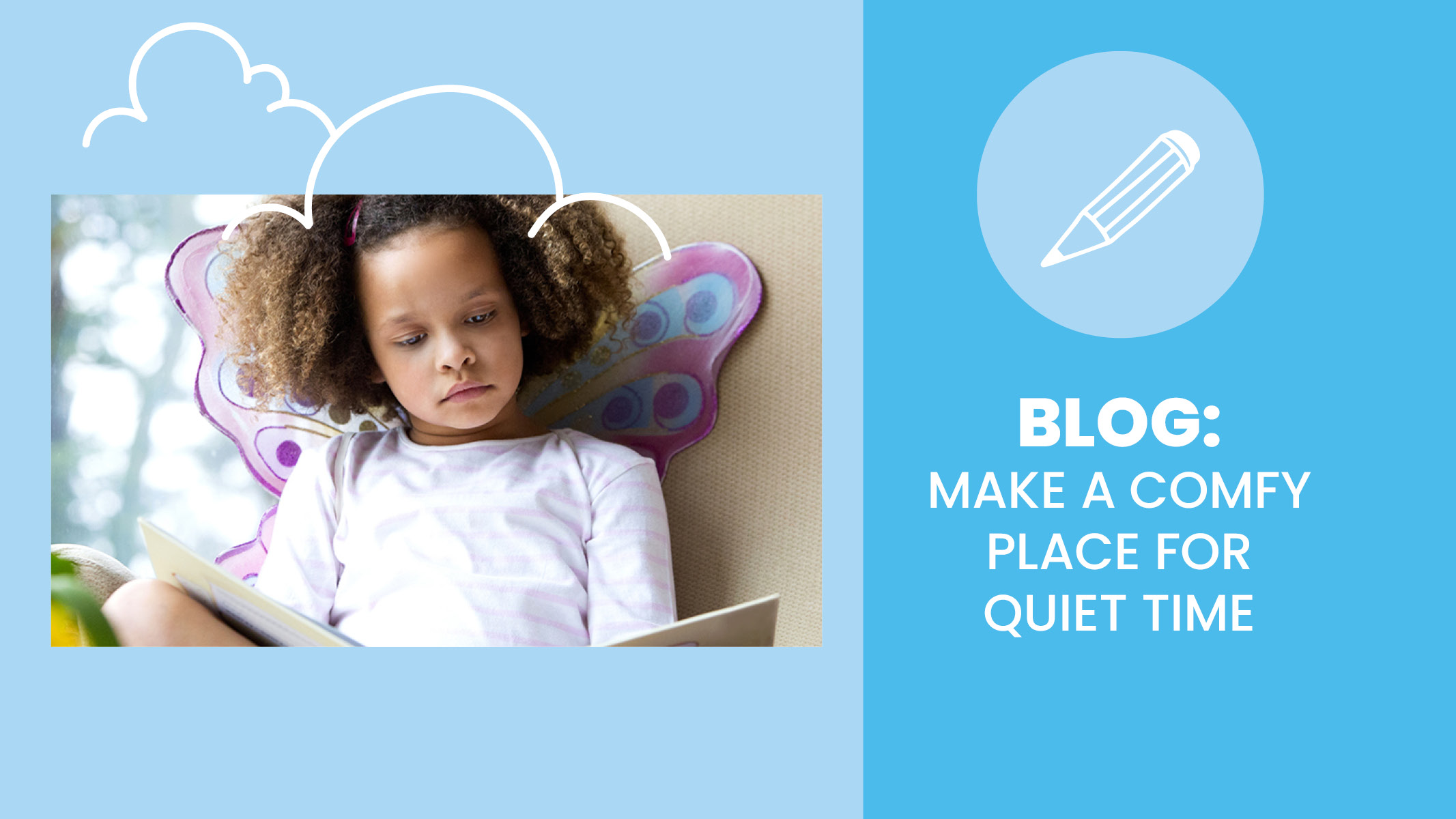 Young child, girl, sits and reads in a comfy spot during quiet time