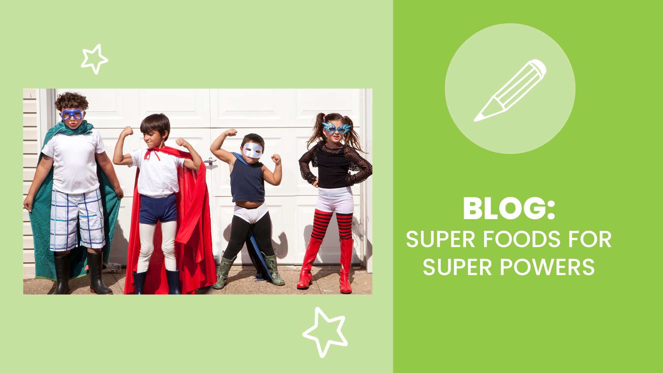 Group of young kids dress as super heroes after eating super foods