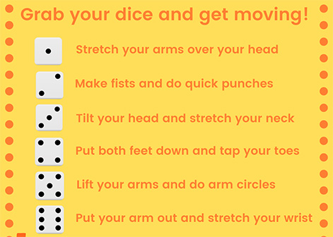 Different sides of each dice with movement activities to go with each number