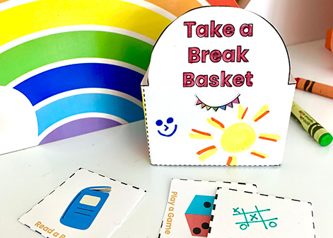 A built Take a Break Basket filled with activities like Tic Tac Toe and coloring