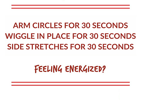 List of three movement activities - arm circles, wiggle in place, and side stretches