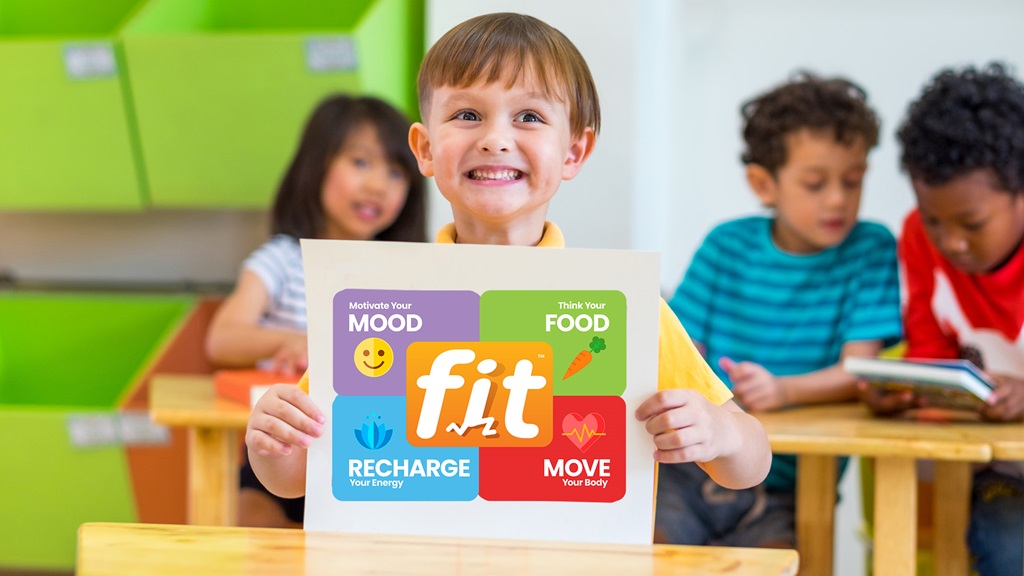 child holding up a poster showing the four part of fit