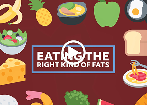 White block letters that say 'Eating the right kind of fats' surrounded by different foods like spaghetti, cheese, and salad